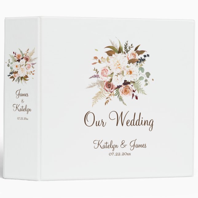 Boho Soft Coloured Rose/White Flowers Wedding Binder (Front/Spine)
