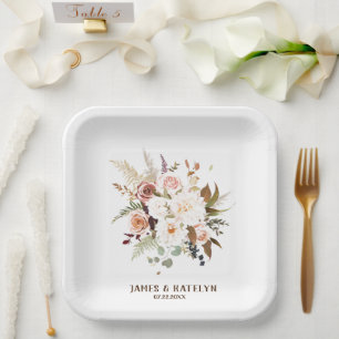 Boho Soft Coloured Rose/White Flowers Wedding Paper Plate