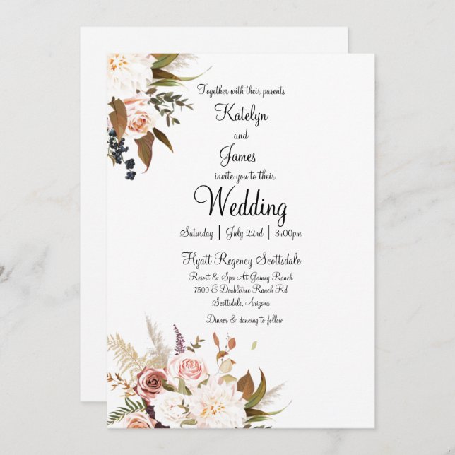 Boho Soft Coloured Roses & White Flowers Wedding Invitation (Front/Back)