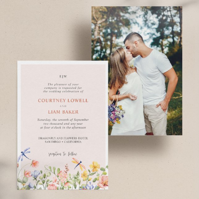 BOHO soft Flowers and Dragonflies Photo Wedding Invitation (Creator Uploaded)
