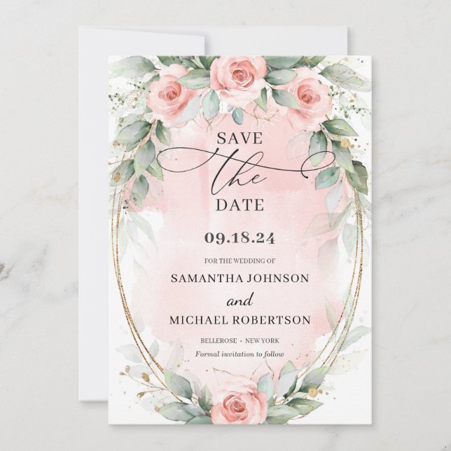 Boho soft pastel pink flowers greenery and gold  save the date (Front)