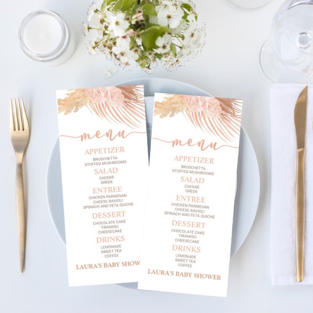 Boho Soft Pink Floral Flower Baby Shower Food Menu (Creator Uploaded)
