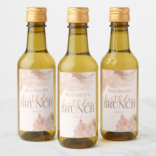 Boho Soft Pink Floral Flower Birthday Brunch Party Wine Label (Bottles)