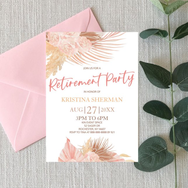Boho Soft Pink Floral Flower Retirement Party Invitation (Creator Uploaded)