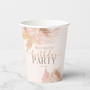 Boho Soft Pink Floral Flowers Birthday Party Paper Cups