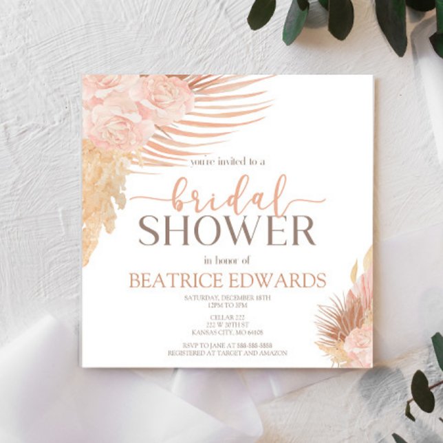 Boho Soft Pink Floral Flowers Bridal Shower Invitation (Creator Uploaded)