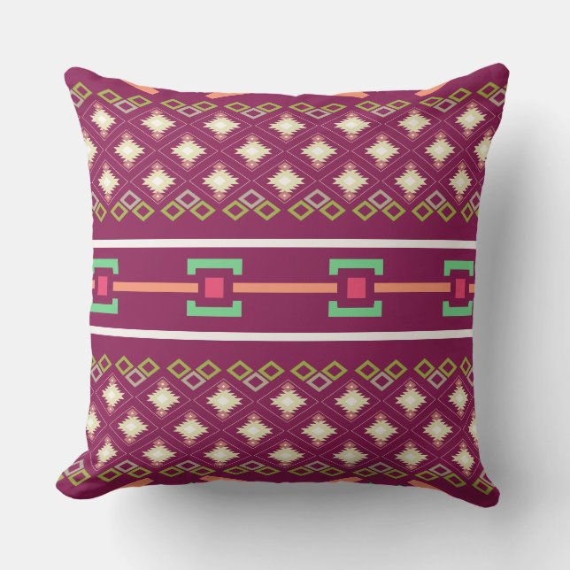 Boho Southwestern Aztec Diamond Pattern in Burgund Throw Pillow (Front)