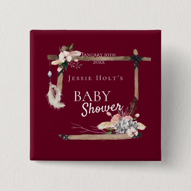 Boho Southwestern Burgundy Baby Shower 2 Inch Square Button (Front)