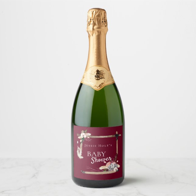 Boho Southwestern Burgundy Baby Shower Sparkling Wine Label (Front)