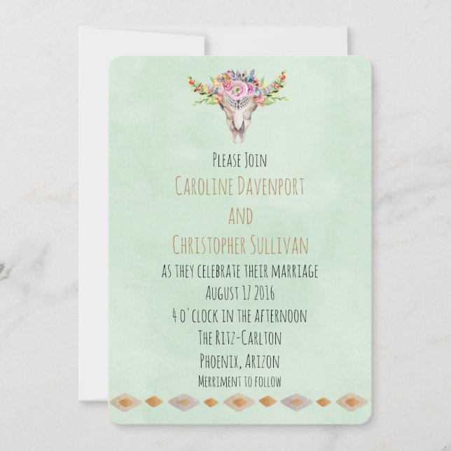 Boho Southwestern Cow Skull Wedding Invite (Front)
