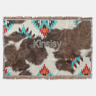 Boho Southwestern Cowhide Aztec Pattern Name Throw Blanket