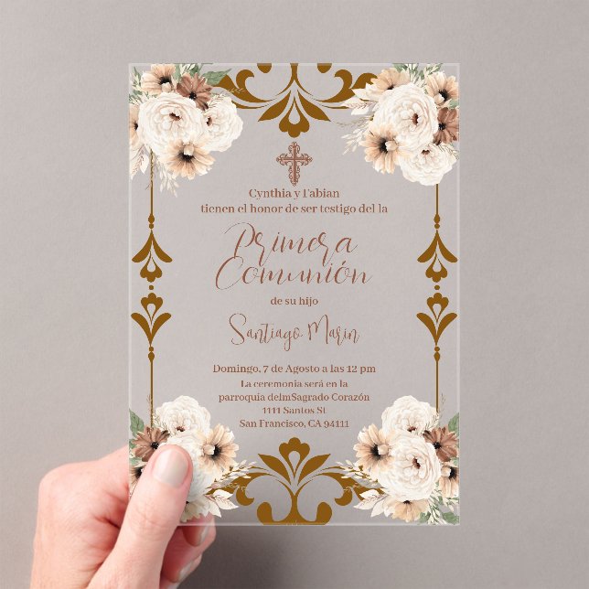 Boho Spanish First Holy Communion Acrylic Invitations (Insitu (Handheld))