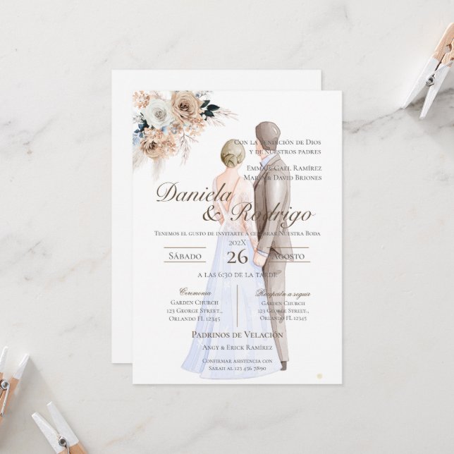Boho Spanish with bride and groom wedding Invitation (Front/Back In Situ)