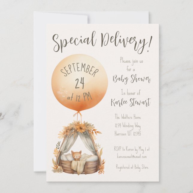 Boho Special Delivery Balloon Baby Shower Invitation (Front)