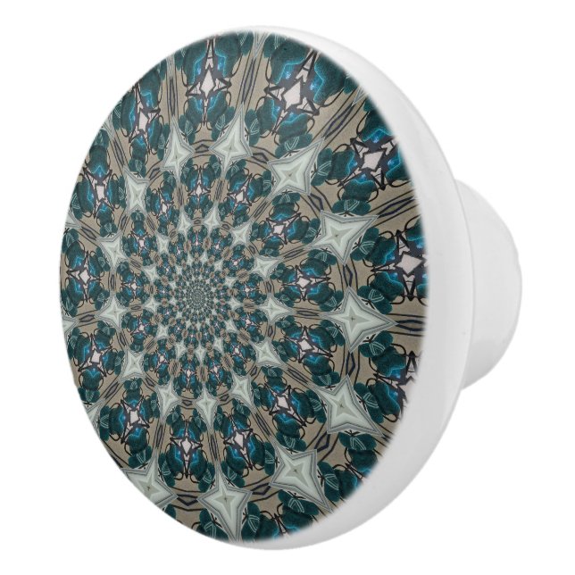 Boho Spiral Teal and Khaki Kaleidoscope Ceramic Knob (Right)