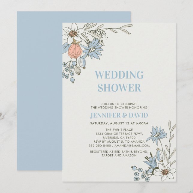 Boho Spring Blue Floral Couples Wedding Shower Inv Invitation (Front/Back)