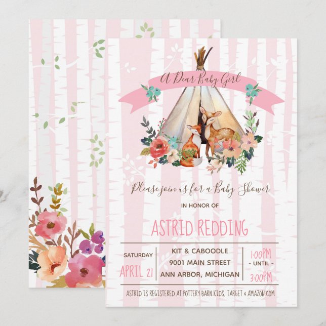 Boho Spring, Dear Baby Girl Woodland Shower Invite (Front/Back)