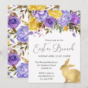 Boho Spring Flowers and Gold Bunnies Easter Brunch Invitation