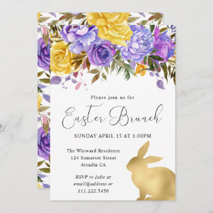 Boho Spring Flowers and Gold Bunnies Easter Brunch Invitation