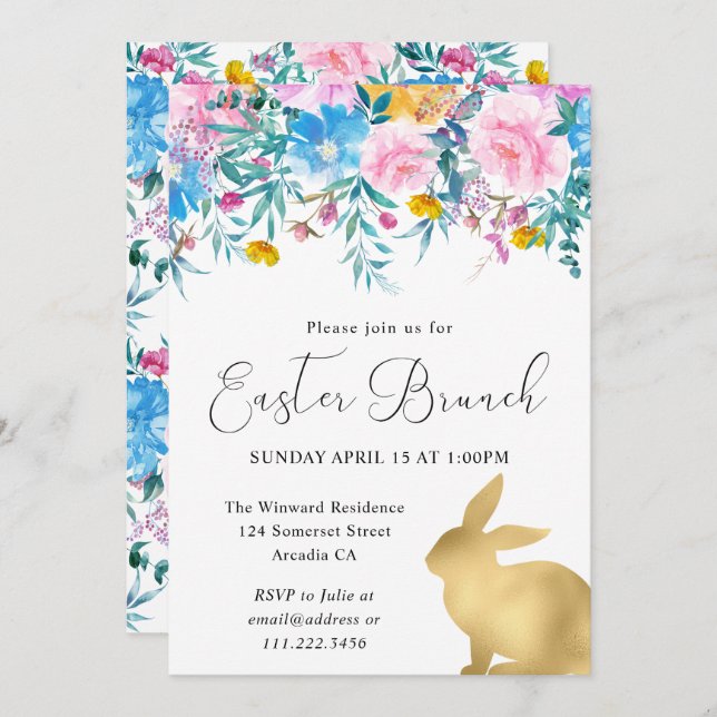 Boho Spring Flowers and Gold Bunnies Easter Brunch Invitation (Front/Back)