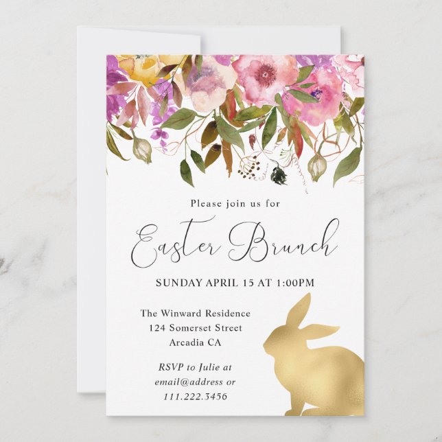 Boho Spring Flowers and Gold Bunnies Easter Brunch Invitation (Front)