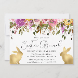 Boho Spring Flowers and Gold Bunnies Easter Brunch Invitation