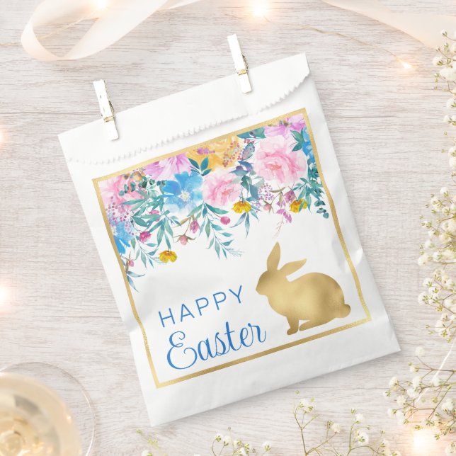 Boho Spring Flowers and Gold Bunnies Happy Easter Favour Bag (Clipped)