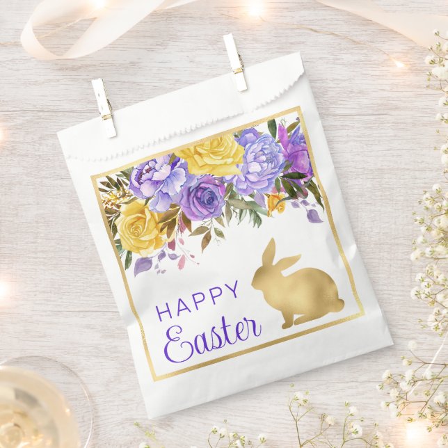 Boho Spring Flowers and Gold Bunnies Happy Easter Favour Bag (Clipped)