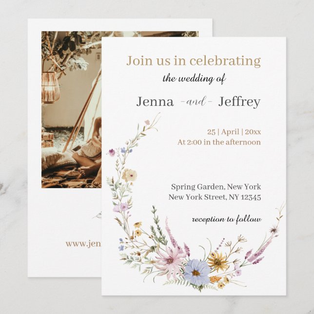 Boho Spring Flowers Photo Wedding Invitation (Front/Back)