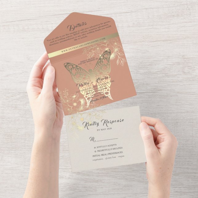 Boho Spring Peach Wedding All In One Invitation (Tearaway)