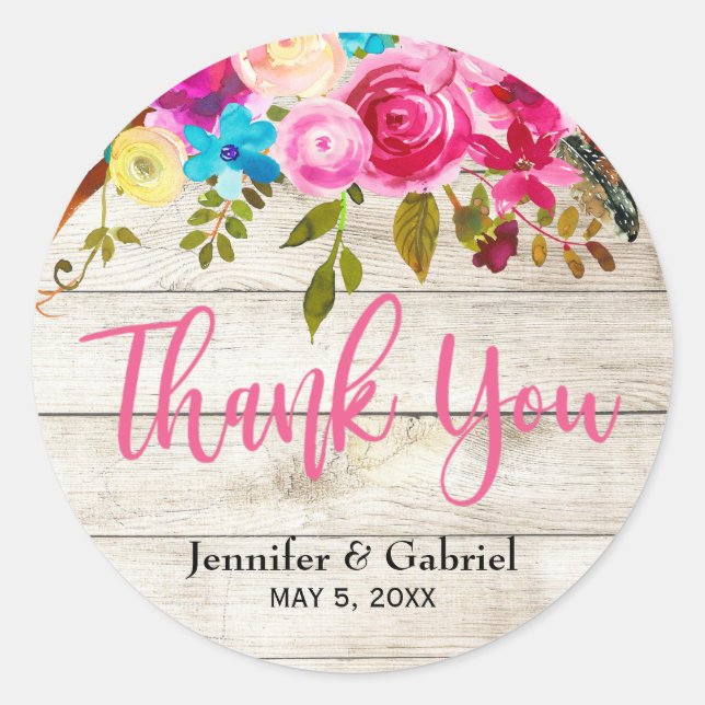 Boho Spring Pink Wood Floral Thank You Wedding Classic Round Sticker (Front)