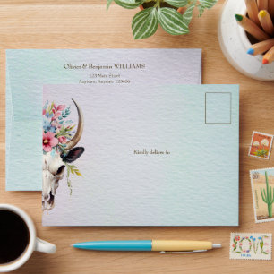 Boho Spring Watercolor Floral Cow Skull Wedding Envelope