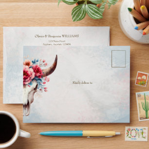 Boho Spring Watercolor Floral Cow Skull Wedding Envelope