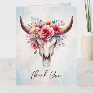 Boho Spring Watercolor Floral Cow Skull Wedding Thank You Card
