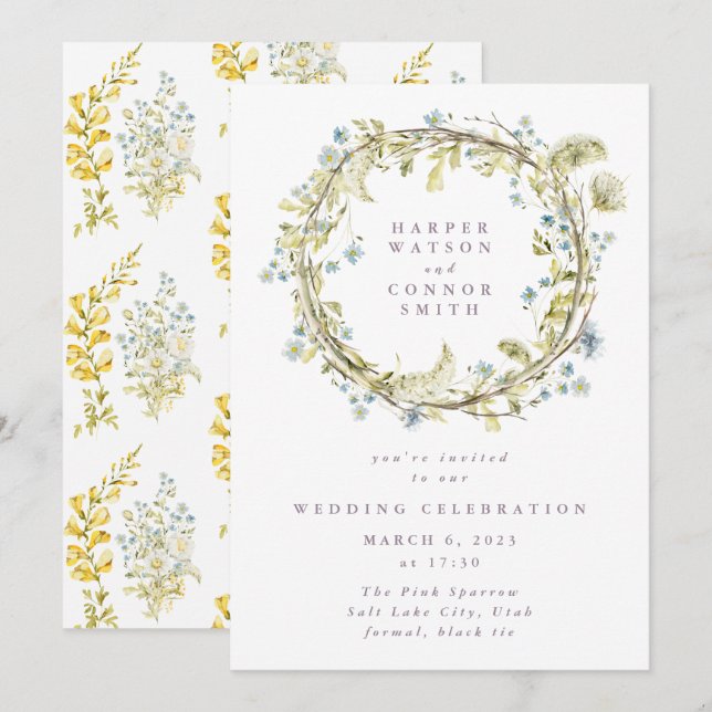 Boho Spring Wreath Wildflower Pampas Wedding Invitation (Front/Back)