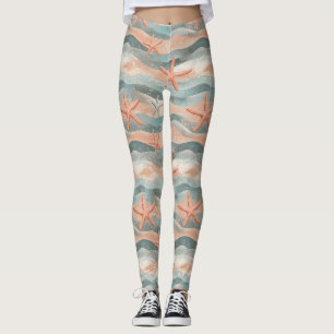 Boho Starfish Terracotta Teal Organic Beach Leggings