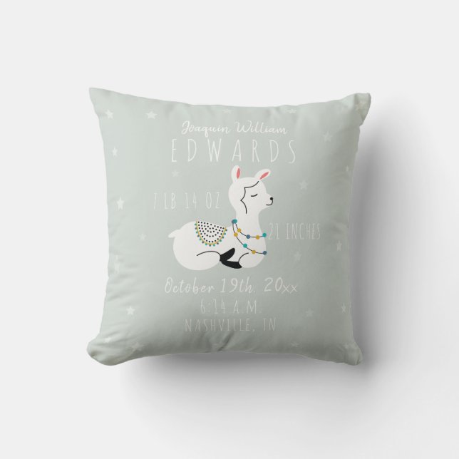 Boho Stars Llama Blue Boy Birth Stats Nursery Throw Pillow (Front)
