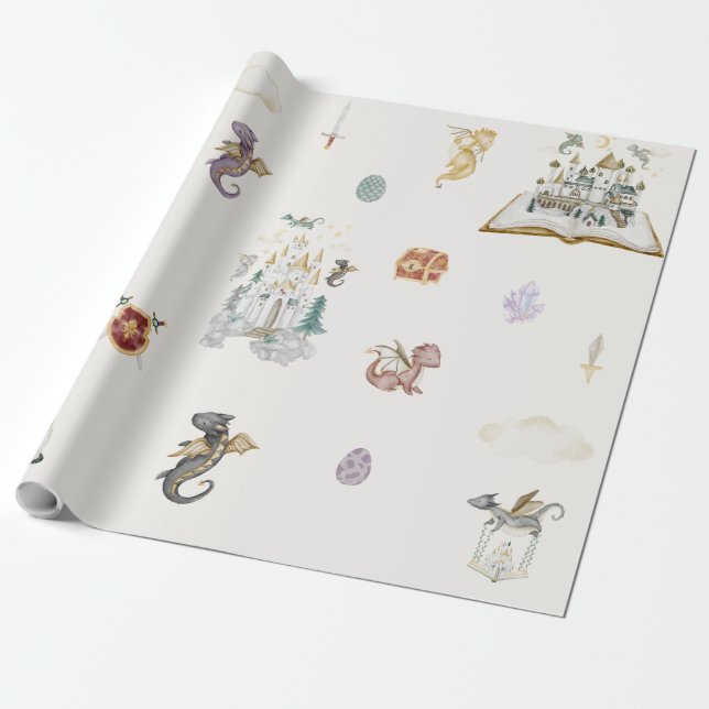 Boho Storybook Dragon Baby Shower Wrapping Paper (Unrolled)