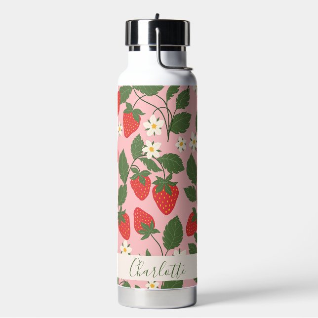 Boho Strawberries Greenery Pink Personalized Name Water Bottle (Left)