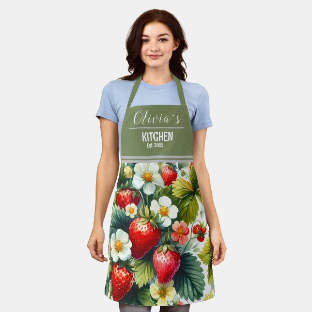 Boho Strawberry Apron - Custom Name Kitchen Gift (Worn)