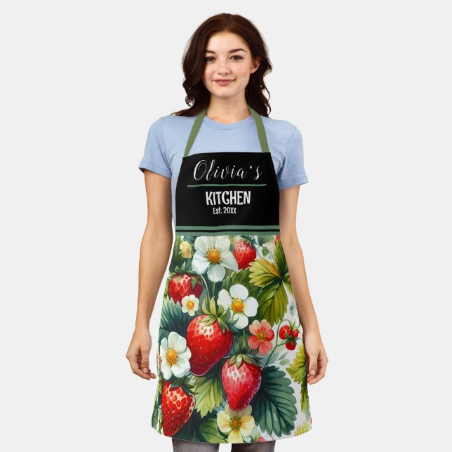 Boho Strawberry Apron - Personalized Floral Design (Worn)