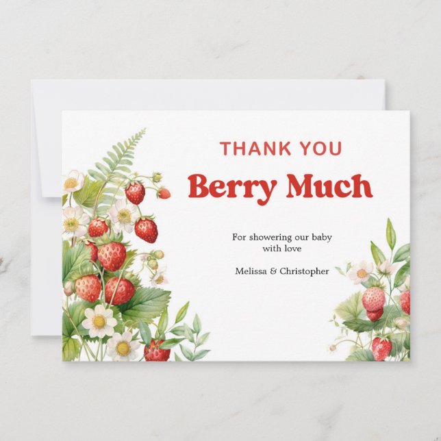 Boho Strawberry Baby Shower Berry Sweet  Thank You Card (Front)