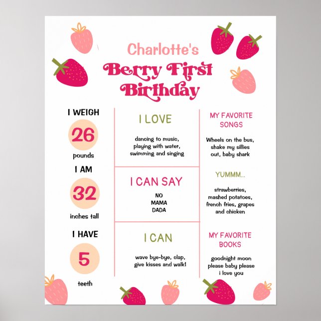 Boho Strawberry Berry First Birthday Milestone  Poster (Front)