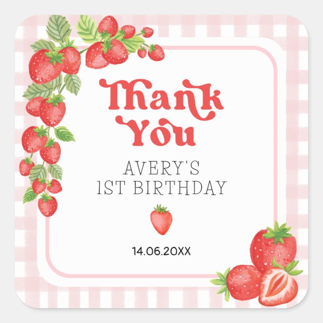 Boho Strawberry Berry First Birthday Thank You Square Sticker (Front)