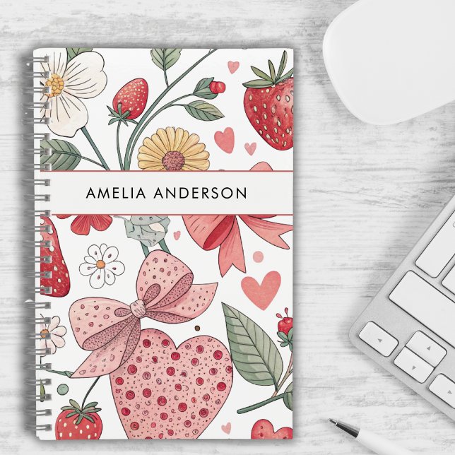 Boho Strawberry Coquette Floral Girly Pink  Notebook (Creator Uploaded)