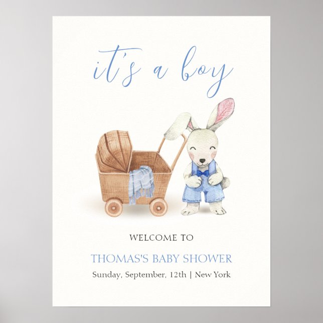 Boho Stroller Rabbit Boy Baby Shower Welcome Poster (Front)