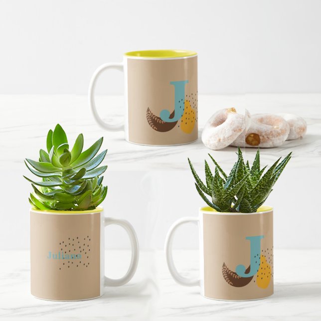 Boho Style Custom Monogram and Name Coloured Two-Tone Coffee Mug (Creator Uploaded)