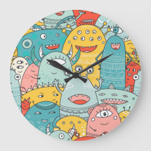 Boho style cute monsters, seamless. large clock