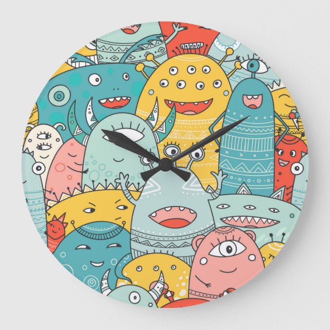 Boho style cute monsters, seamless. large clock (Front)