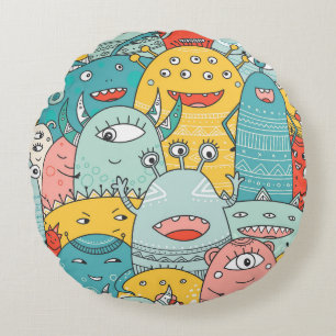 Boho style cute monsters, seamless. round pillow